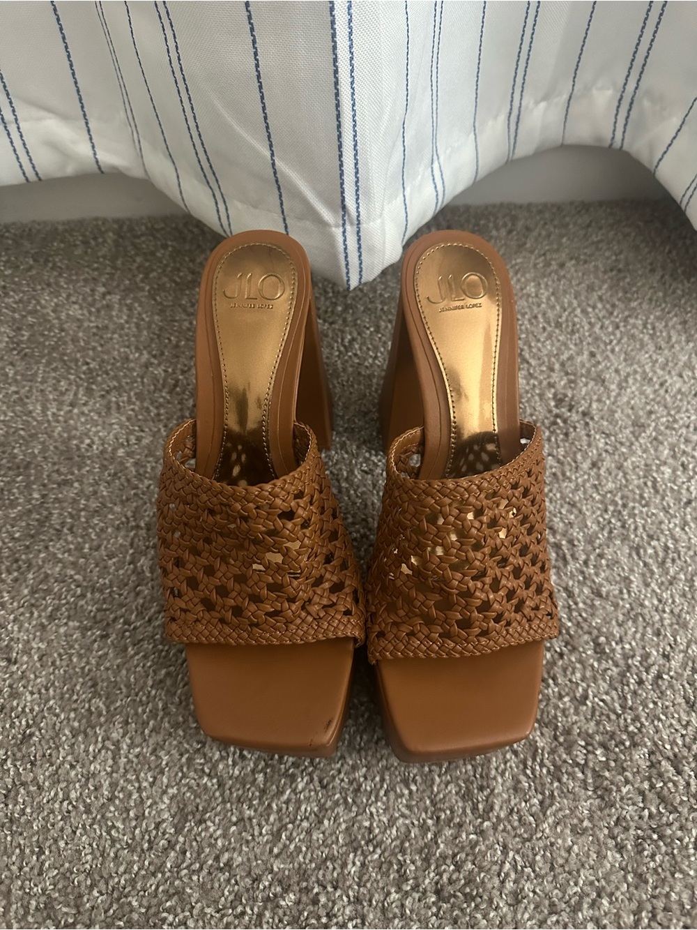 Jennifer Lopez Woven Heels in Cognac Brown